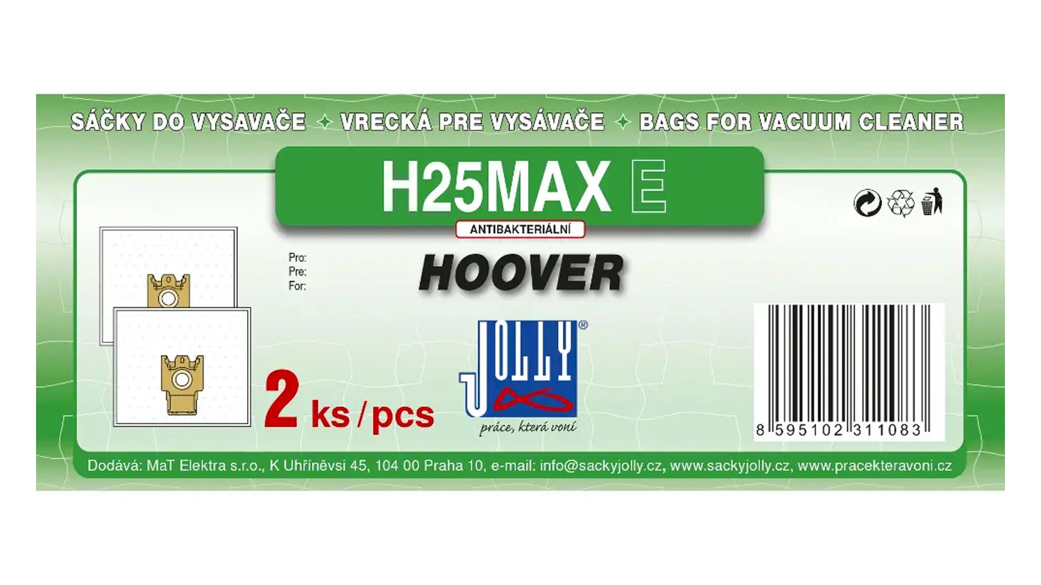 Balení sáčků do vysavače Jolly H25MAX E pro vysavače Hoover s označením 2 ks.