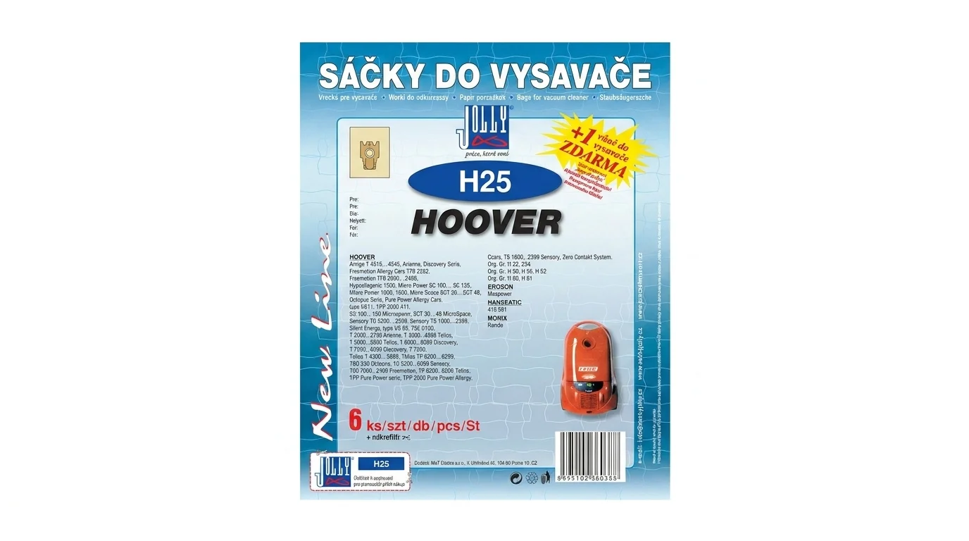 Modré balenie vreciek do vysávača Jolly H25 pre vysávače Hoover s označením šiestich kusov a vôňou zadarmo.