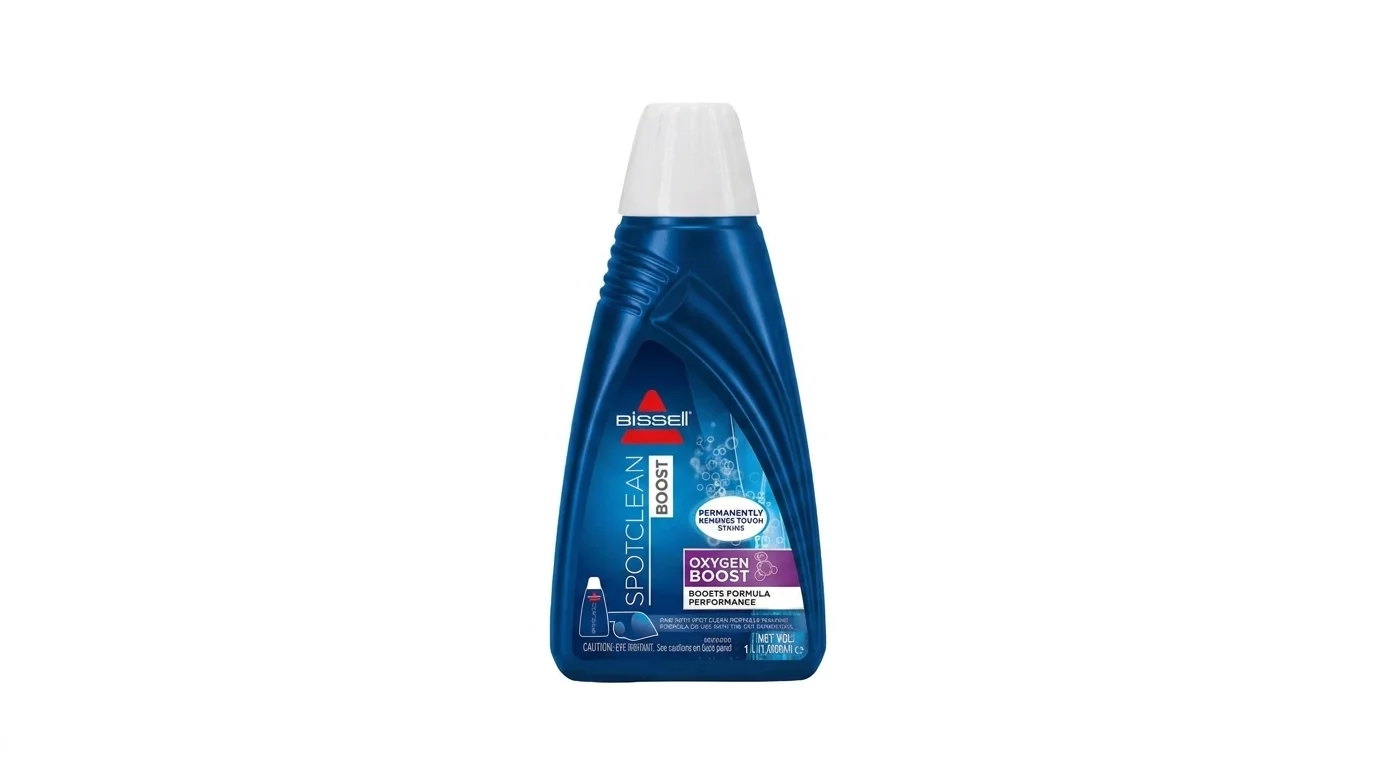 Modrá láhev čisticího přípravku BISSELL SpotClean Oxygen Boost o objemu 1 l s bílým uzávěrem.