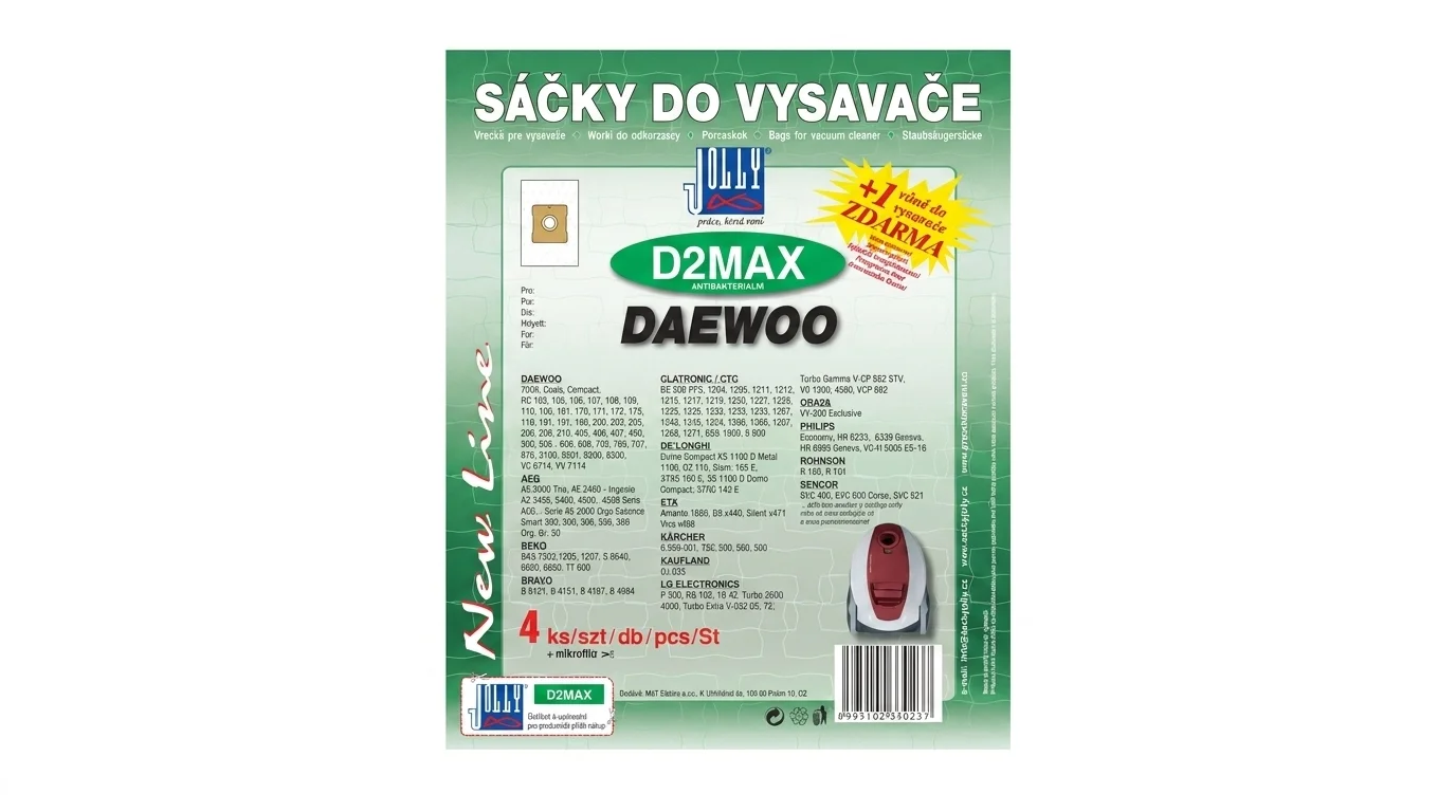 Zelené balení sáčků do vysavače Jolly D2MAX s informacemi o kompatibilitě, 4 kusech v balení a vůni zdarma.