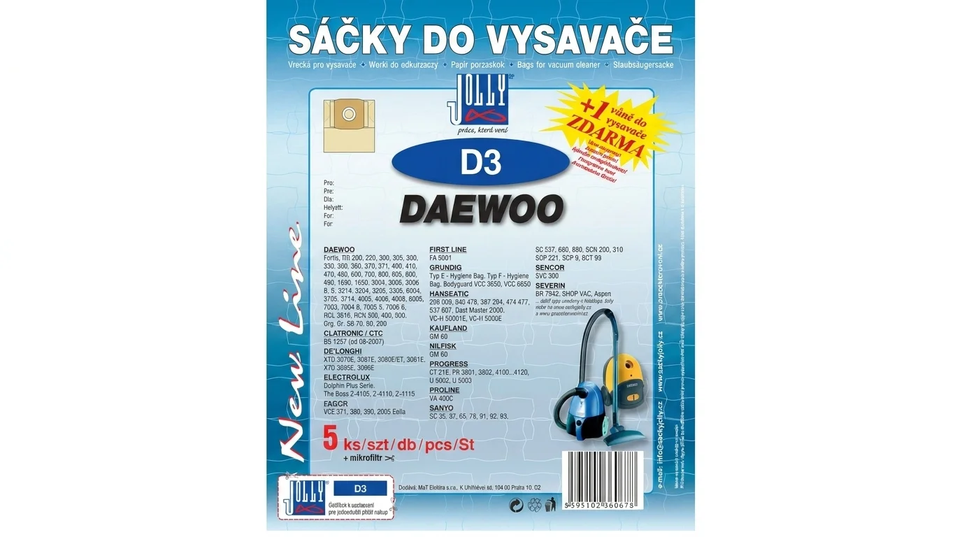 Modré balení sáčků do vysavače Jolly D3 pro značku Daewoo s informací o obsahu 5 kusů, mikrofiltru a vůně zdarma.