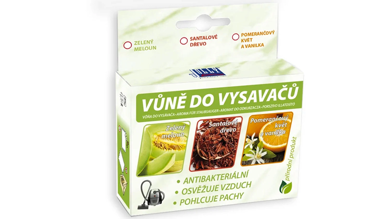 Krabička Jolly Vůně do vysavačů s vyobrazením variant zelený meloun, santalové dřevo a pomerančový květ a vanilka.
