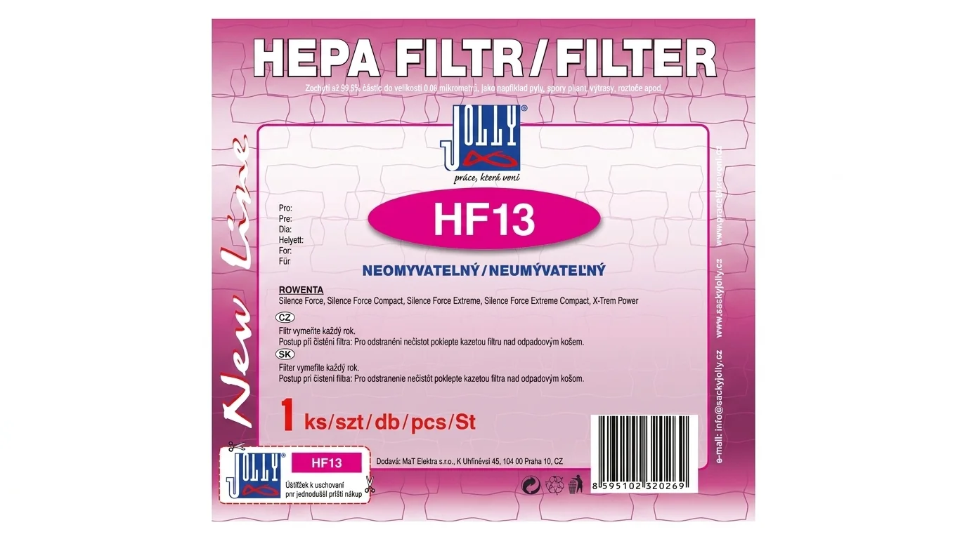 Růžové balení neomyvatelného HEPA filtru Jolly HF13 pro vysavače Rowenta.