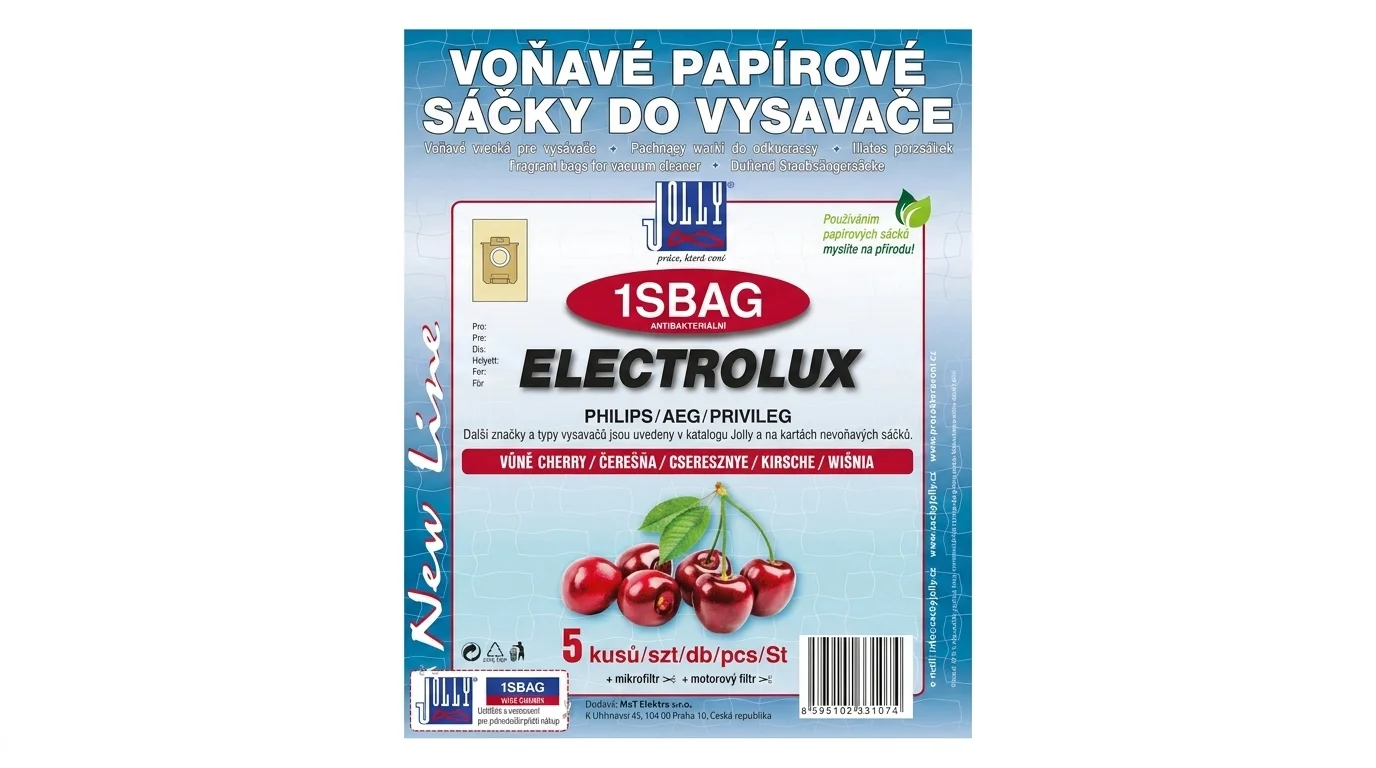 Balenie papierových vreciek do vysávača Jolly 1SBAG s vôňou čerešní pre vysávače Electrolux, Philips, AEG a Privileg.