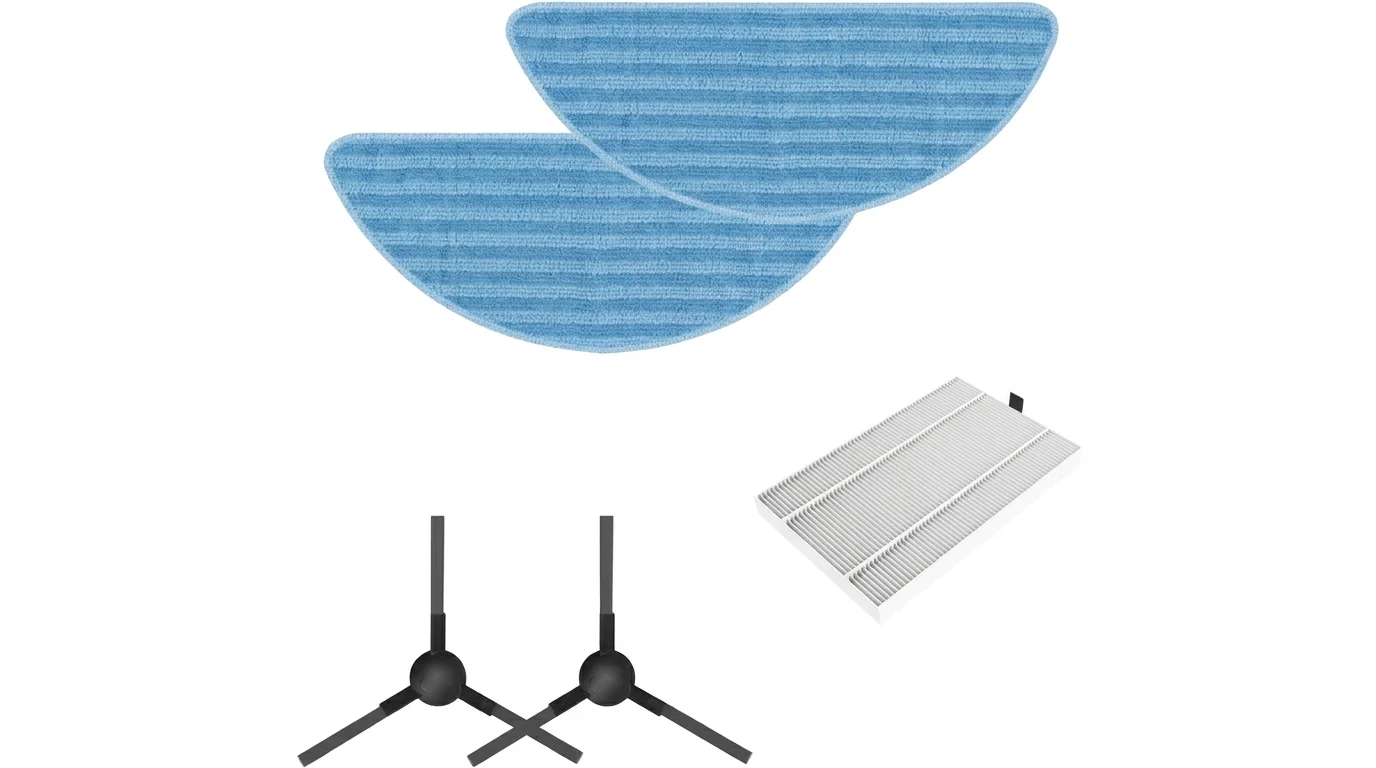 Náhradní sada TESLA AI200 Cleaning Kit obsahuje dva modré mopovací hadříky, jeden bílý HEPA filtr a dva černé boční kartáčky.