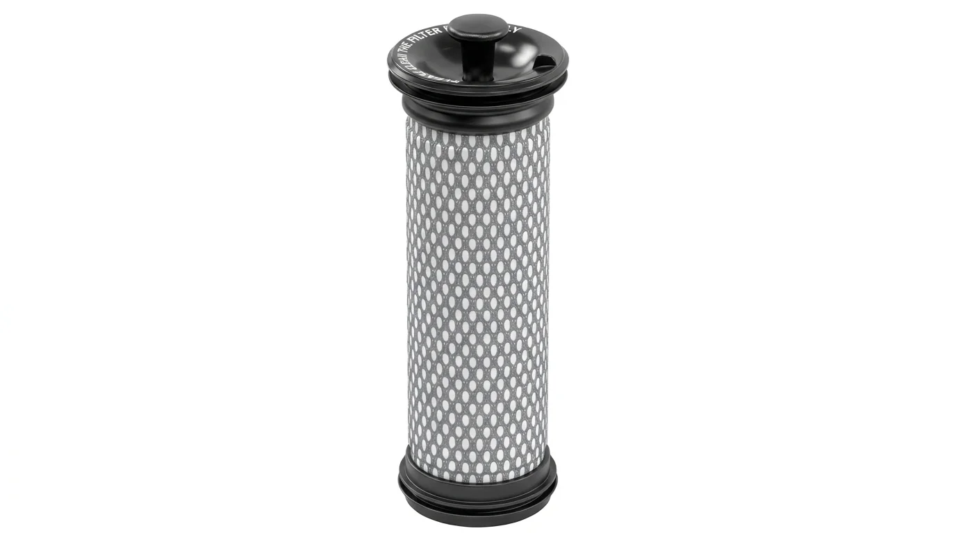 Válcový vstupní filtr Kärcher VC4 s jemnou bílou mřížkou a černým plastovým víčkem s úchytem na bílém pozadí.