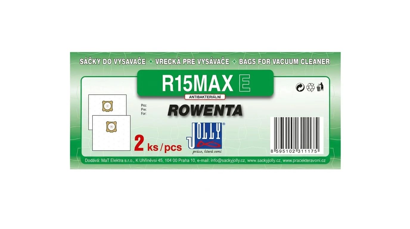 Zelený obal sáčků do vysavače Jolly R15MAX E pro vysavače Rowenta, balení obsahuje 2 kusy.