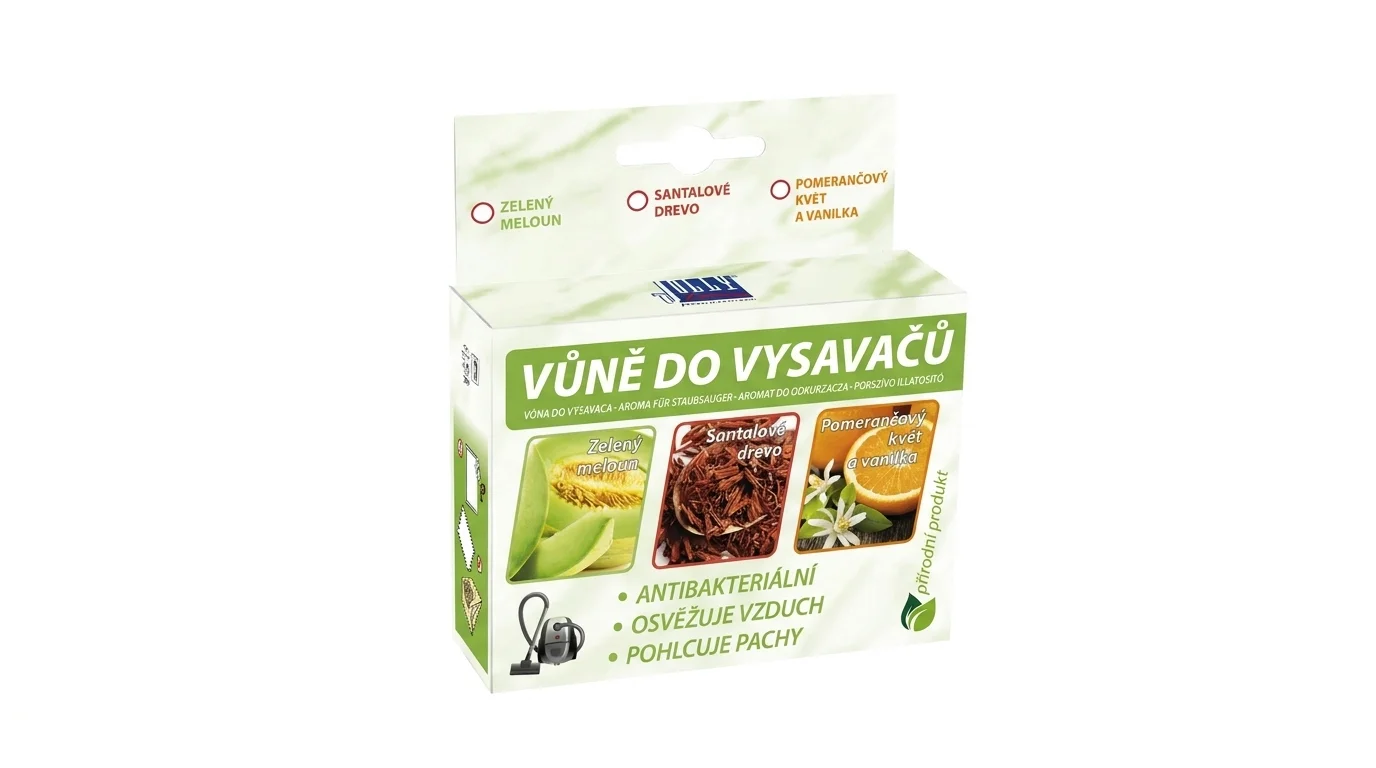Krabička vůně do vysavačů Jolly s vyobrazením variant zelený meloun, santalové dřevo a pomerančový květ s vanilkou.