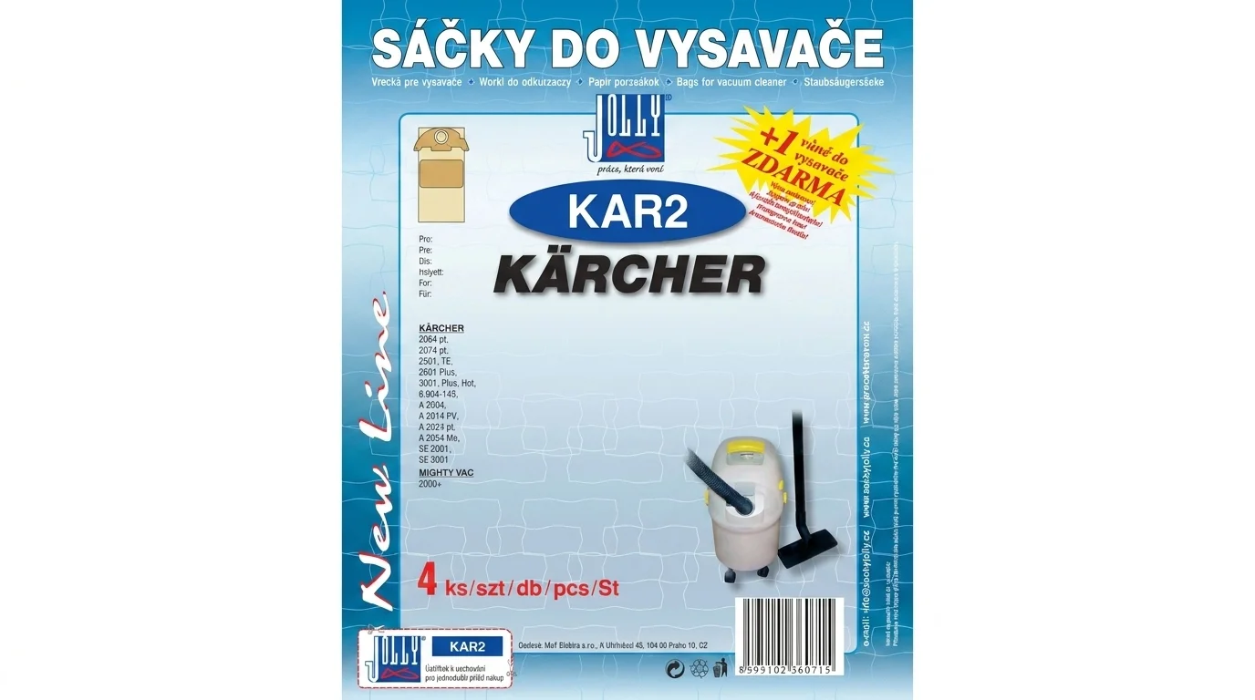Modré balení sáčků do vysavače Jolly KAR2 pro vysavače Kärcher se 4 kusy v balení a vůní zdarma.