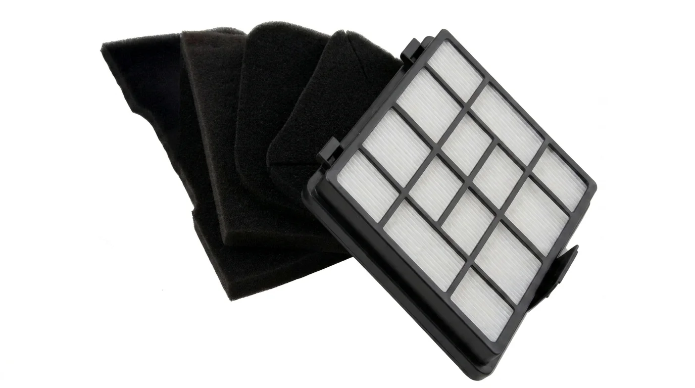 Sada filtrů Sencor SVX 027HF obsahující bílý HEPA filtr v černém plastovém rámu a černé pěnové mikrofiltry.