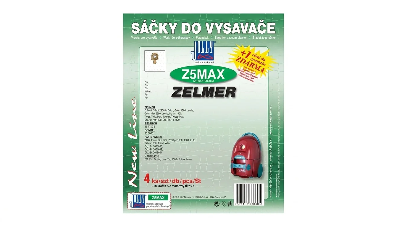 Zelenobílé balení sáčků do vysavače Jolly Z5MAX pro vysavače Zelmer s informací o obsahu 4 kusů a vůně zdarma.