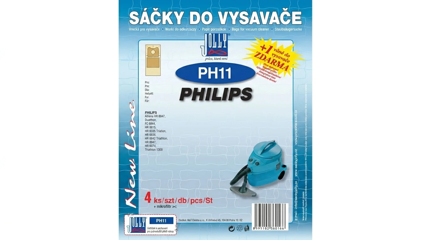 Modrý obal sáčků do vysavače Jolly PH11 pro vysavače Philips s vyobrazením modrého vysavače a informací o obsahu 4 kusů.