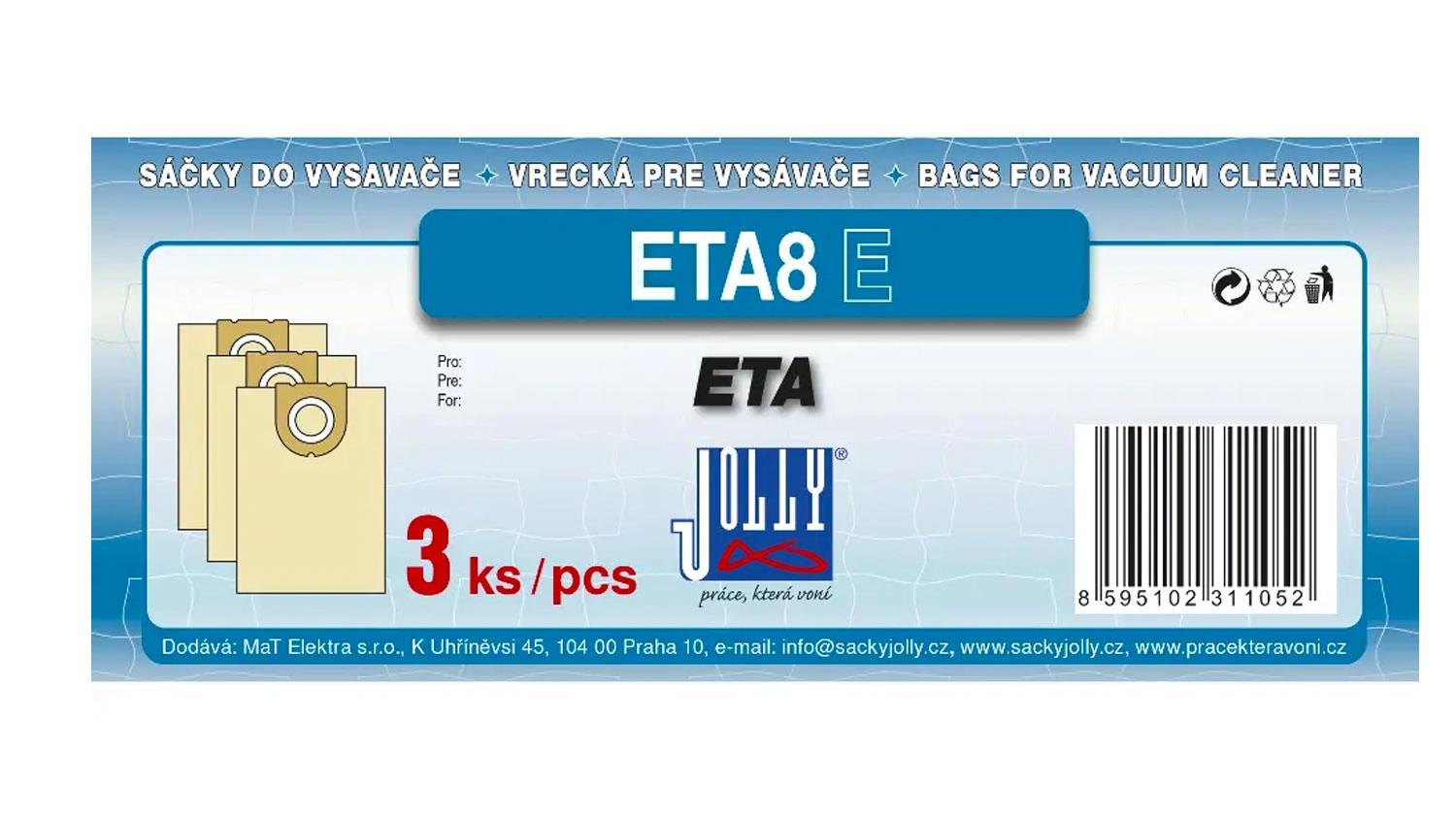 Obal sáčků do vysavače Jolly ETA8 E s vyobrazením tří papírových sáčků a logem značky.