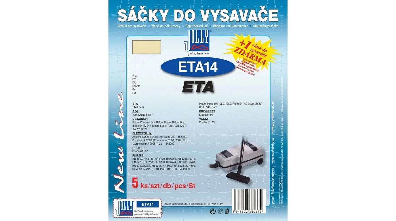 Modrobílé balení sáčků do vysavače Jolly ETA 14 s logem značky, seznamem kompatibilních modelů a žlutým symbolem pro vůni zdarma.