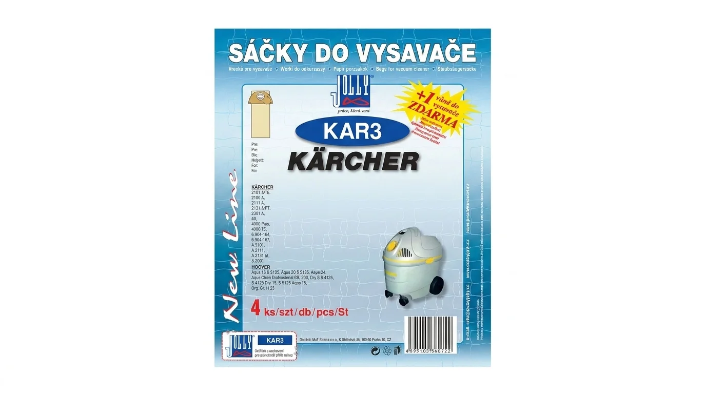 Balení sáčků do vysavače Jolly KAR3 pro vysavače Kärcher se 4 kusy v balení a vůní zdarma.