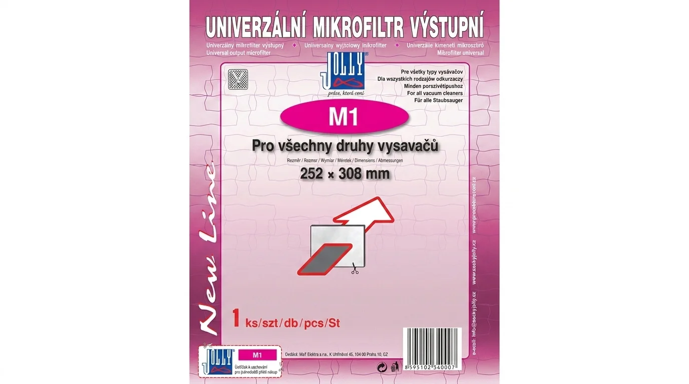 Ružovo-biele balenie univerzálneho výstupného mikrofiltra Jolly M1 pre všetky druhy vysávačov s rozmerom 252 x 308 mm.
