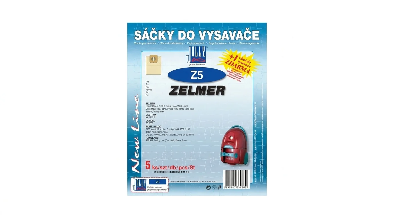 Modré balení sáčků do vysavače Jolly Z5 pro vysavače Zelmer s vyobrazením červeného vysavače a informací o 5 kusech v balení.