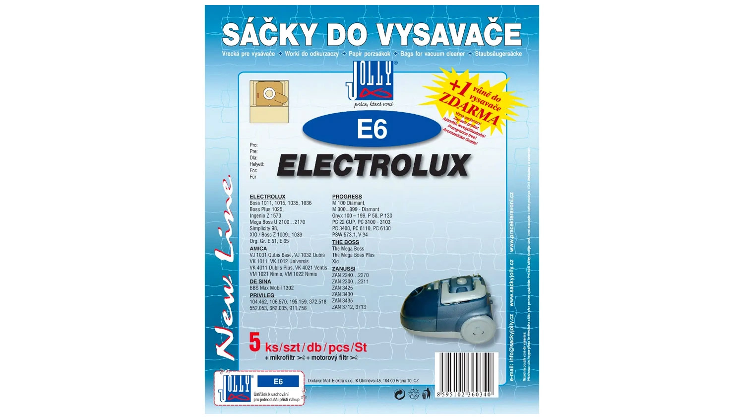 Modrobílé balení sáčků do vysavače Jolly E6 pro vysavače Electrolux s vyobrazením modrého vysavače a informací o obsahu 5 kusů.