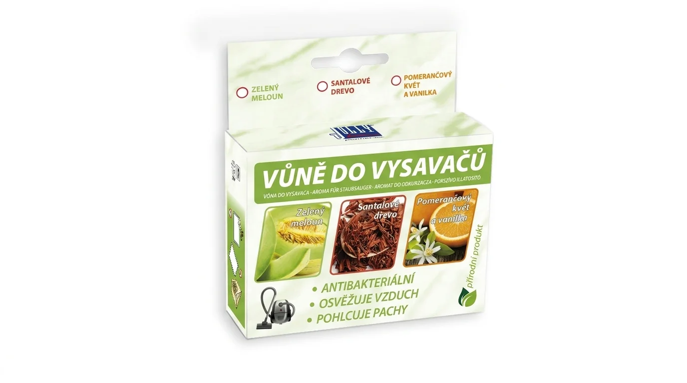Krabička s vůněmi do vysavačů Jolly s vyobrazením zeleného melounu, santalového dřeva a pomerančového květu s vanilkou.