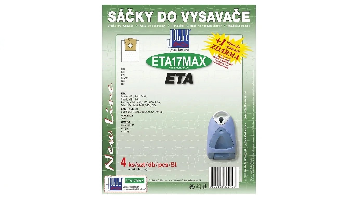 Balení sáčků do vysavače Jolly ETA17MAX pro vysavače ETA, které obsahuje 4 kusy sáčků, mikrofiltr a vůni zdarma.