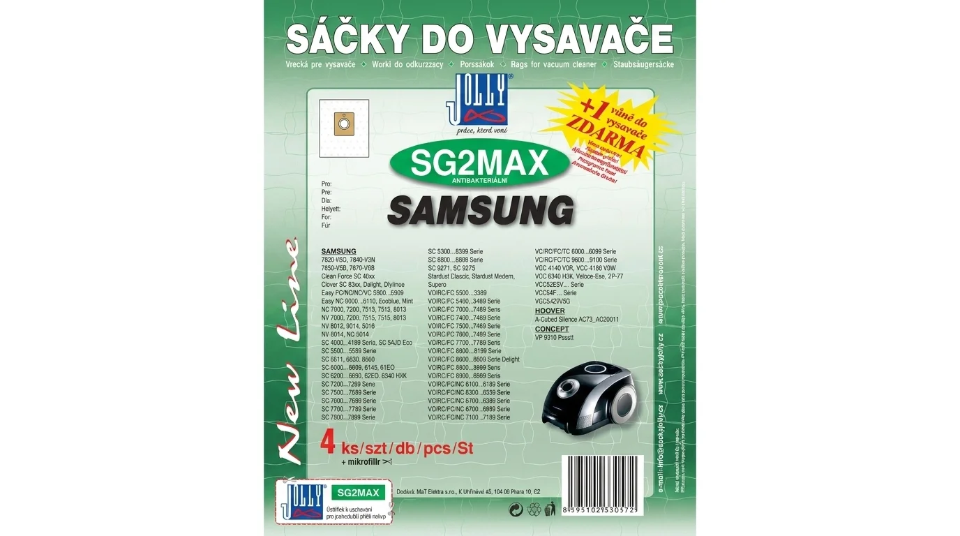 Zelenobílé balení antibakteriálních sáčků do vysavače Jolly SG2MAX pro vysavače Samsung se 4 kusy v balení.