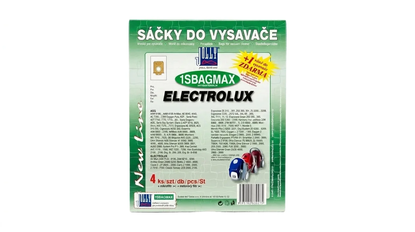 Zelenobílé balení sáčků do vysavače Jolly 1SBAGMAX pro vysavače Electrolux se čtyřmi kusy v balení a vůní zdarma.