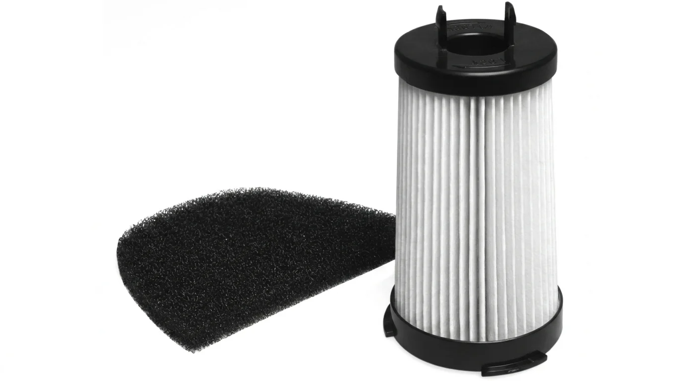 Sada filtrů Sencor SVX 010HF obsahující bílý válcový HEPA filtr s černým plastovým zakončením a černý pěnový mikrofiltr.