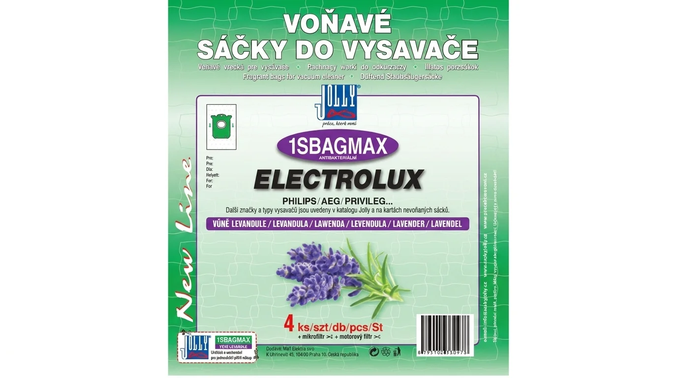 Balenie vonných vreciek do vysávača Jolly 1SBAGMAX s vôňou levandule pre vysávače Electrolux, Philips a AEG.