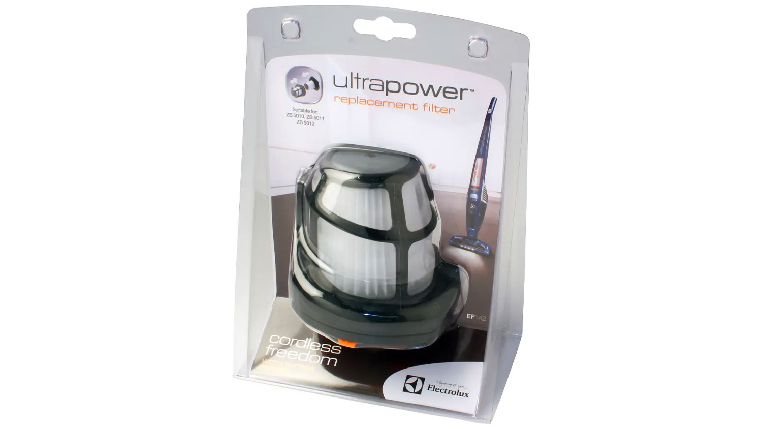 Náhradný filter Electrolux EF142 pre vysávače radu UltraPower v originálnom priehľadnom balení.