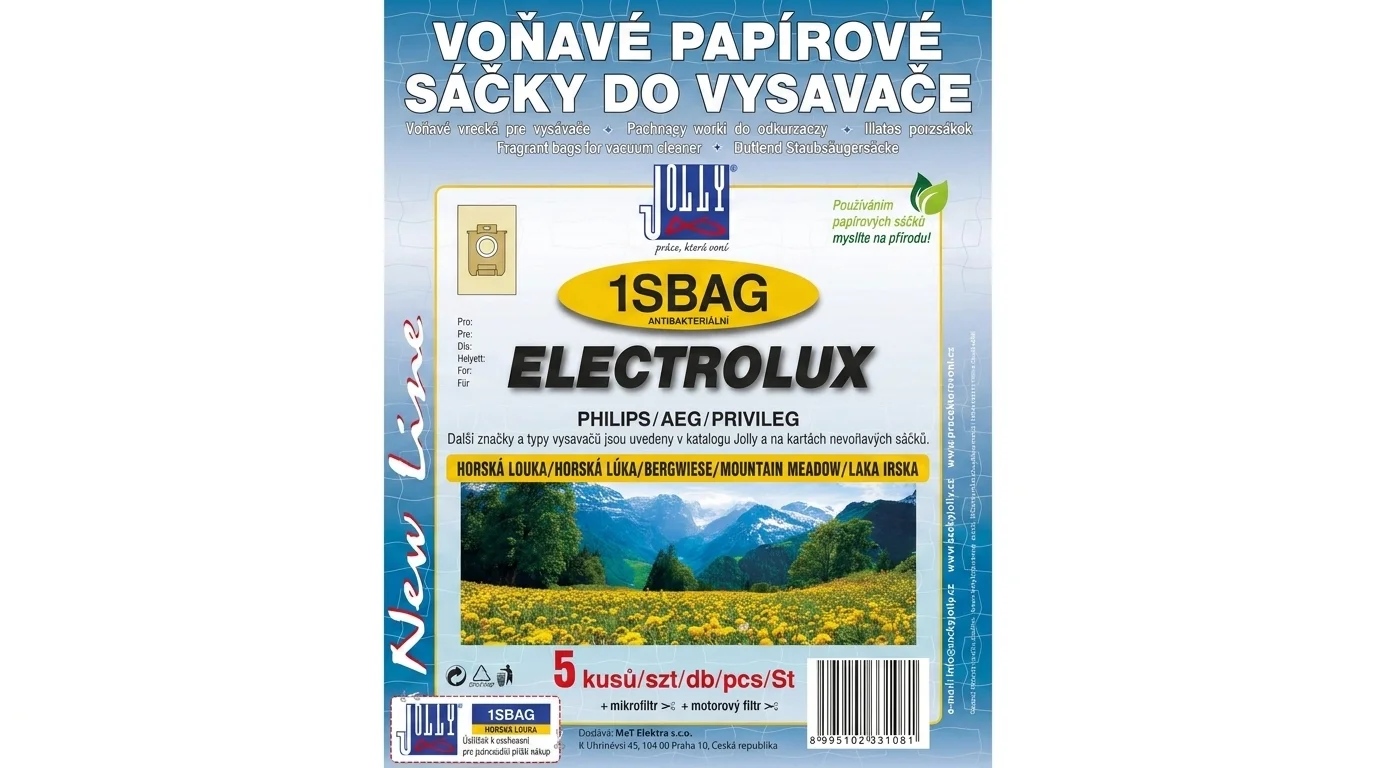 Balenie papierových vreciek do vysávača Jolly 1SBAG Horská lúka pre vysávače Electrolux, Philips a AEG.