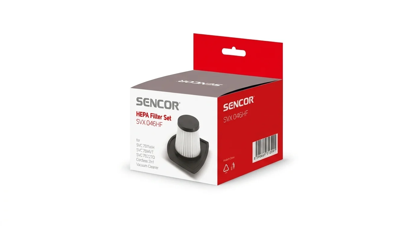 Bielo-červená krabica s náhradnou súpravou HEPA filtrov Sencor SVX 046HF.