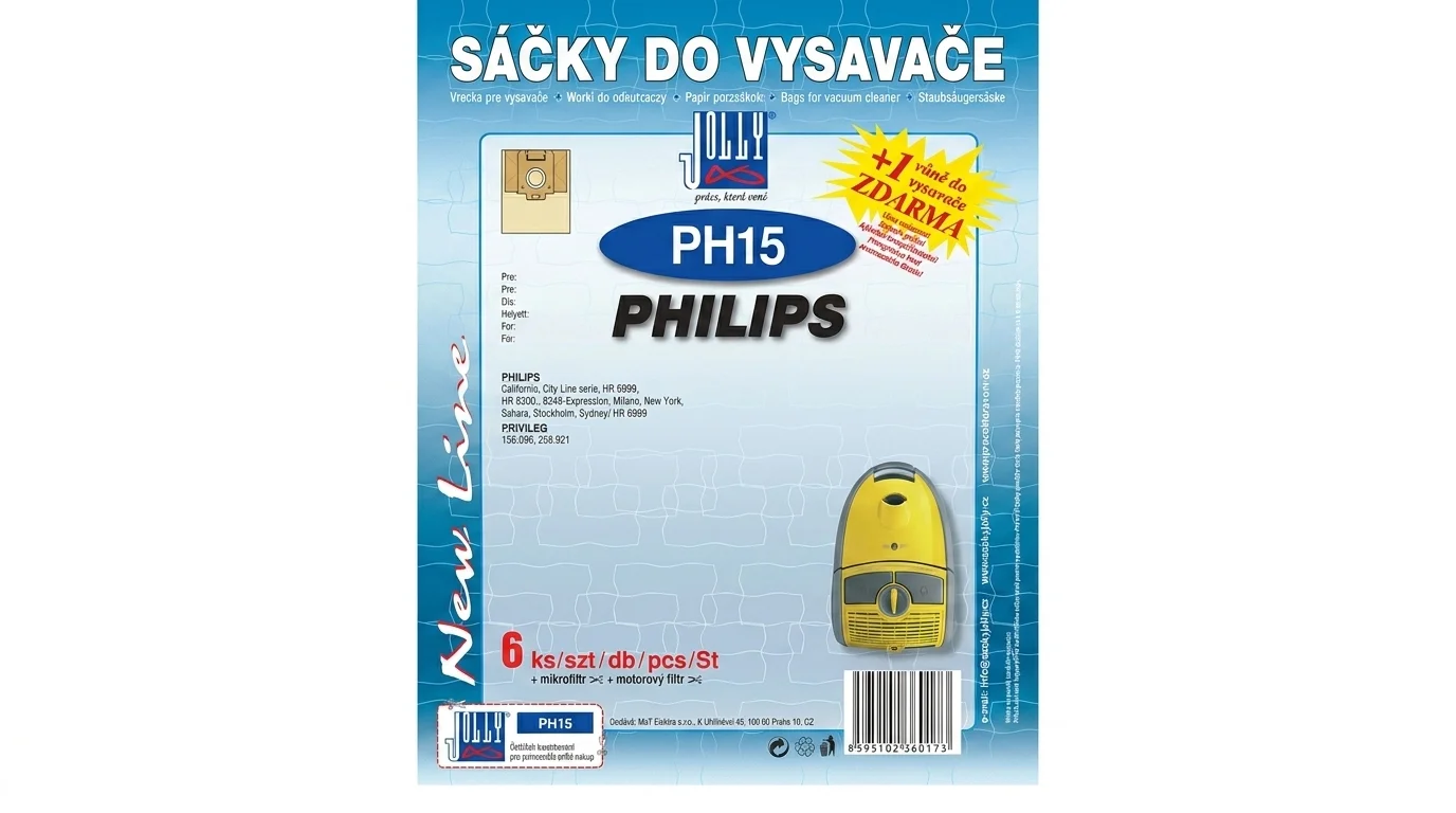 Balení sáčků do vysavače Jolly PH15 pro vysavače Philips s vyobrazením žlutého vysavače a informací o obsahu 6 kusů.