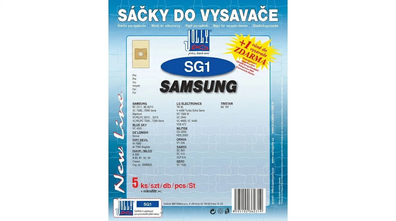 Balení sáčků do vysavače Jolly SG1 s označením Samsung, které obsahuje 5 kusů sáčků, mikrofiltr a vůni zdarma.