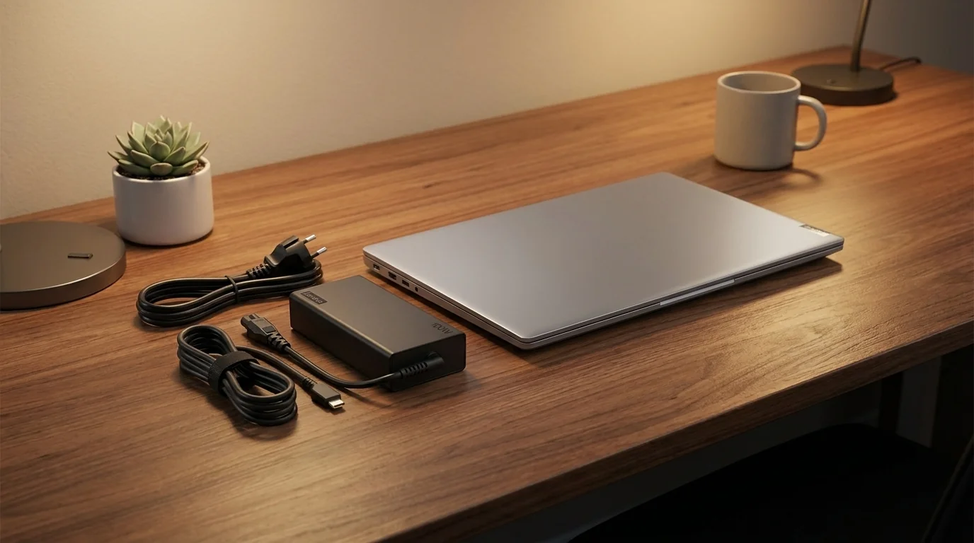 Čierny napájací adaptér Lenovo USB-C s káblami položený na drevenom stole vedľa zatvoreného notebooku.