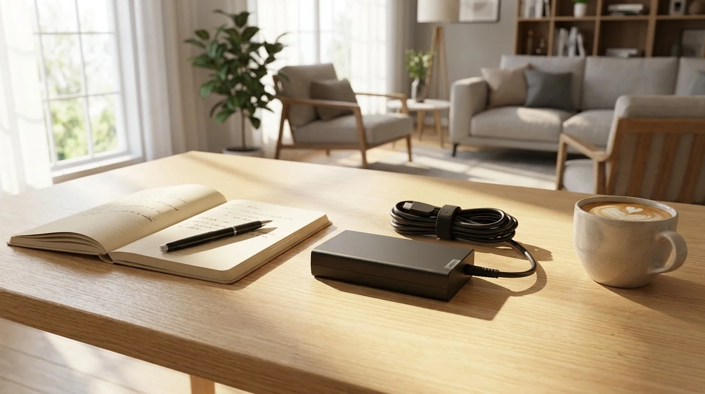 Čierny napájací adaptér Lenovo USB-C so zvinutým káblom leží na drevenom stole vedľa otvoreného zápisníka a šálky kávy.