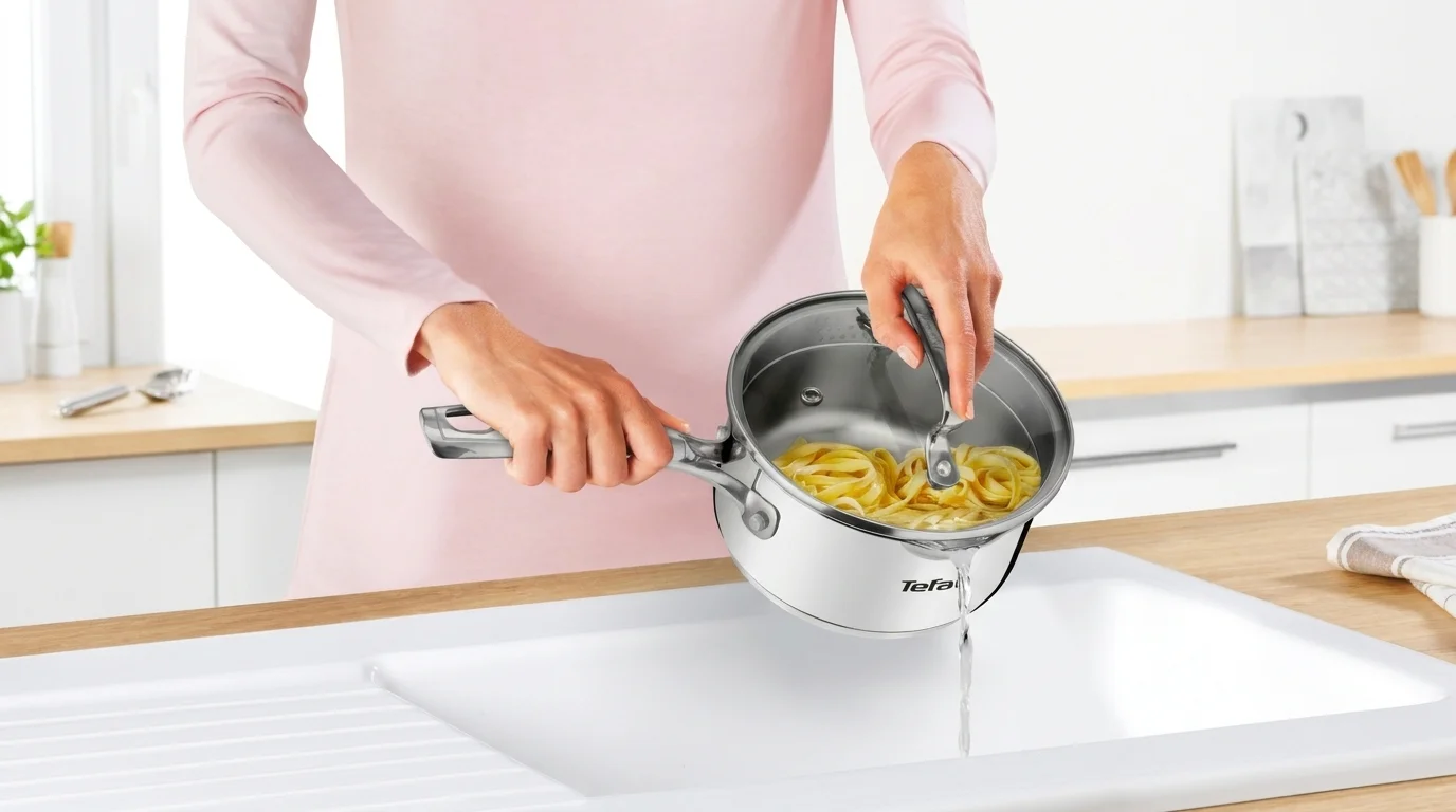 Slévání vody z těstovin v nerezovém rendlíku Tefal přes skleněnou poklici s cedníkem do dřezu.