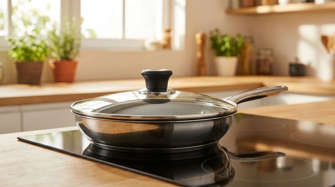 Skleněná poklice Tefal s černým úchytem nasazená na nerezové pánvi na varné desce.