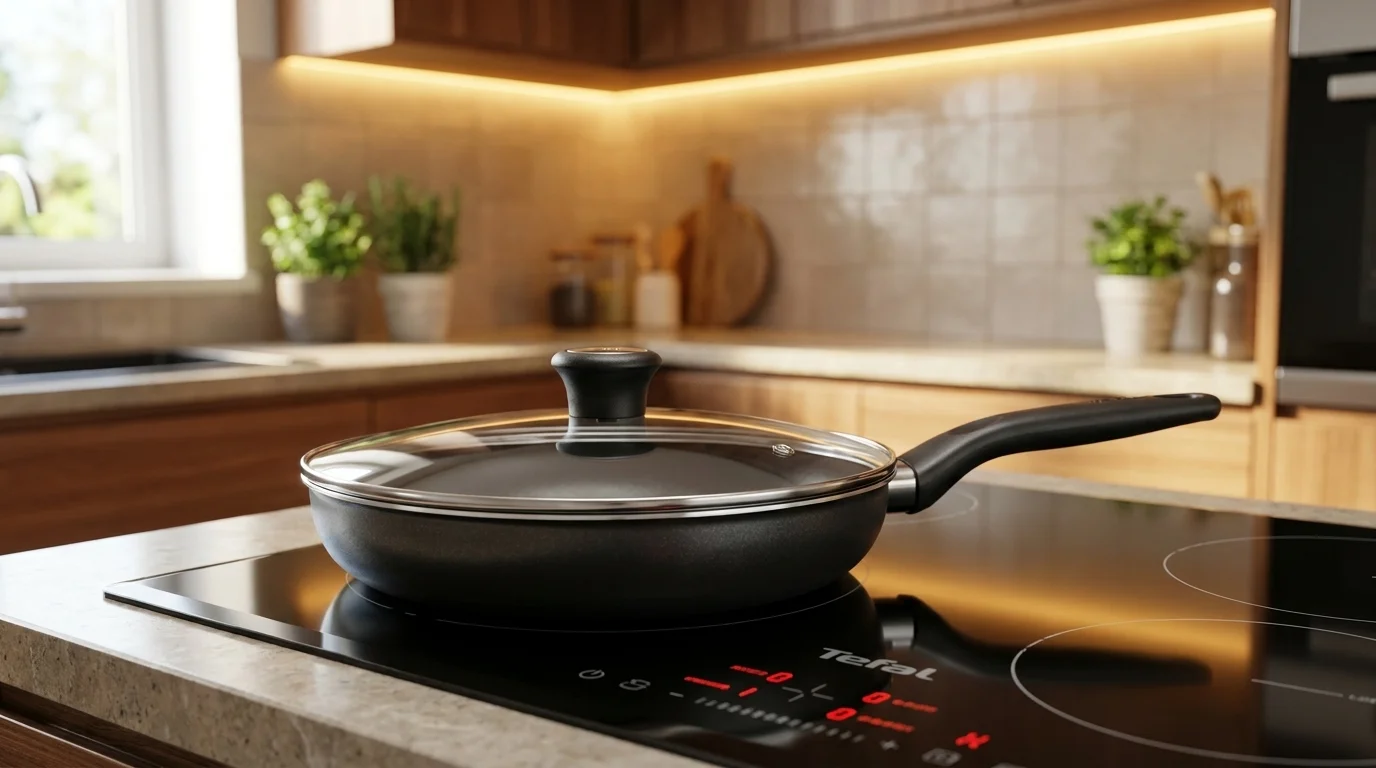 Sklenená pokrievka Tefal s nerezovým lemom a čiernym úchytom na panvici položenej na varnej doske.
