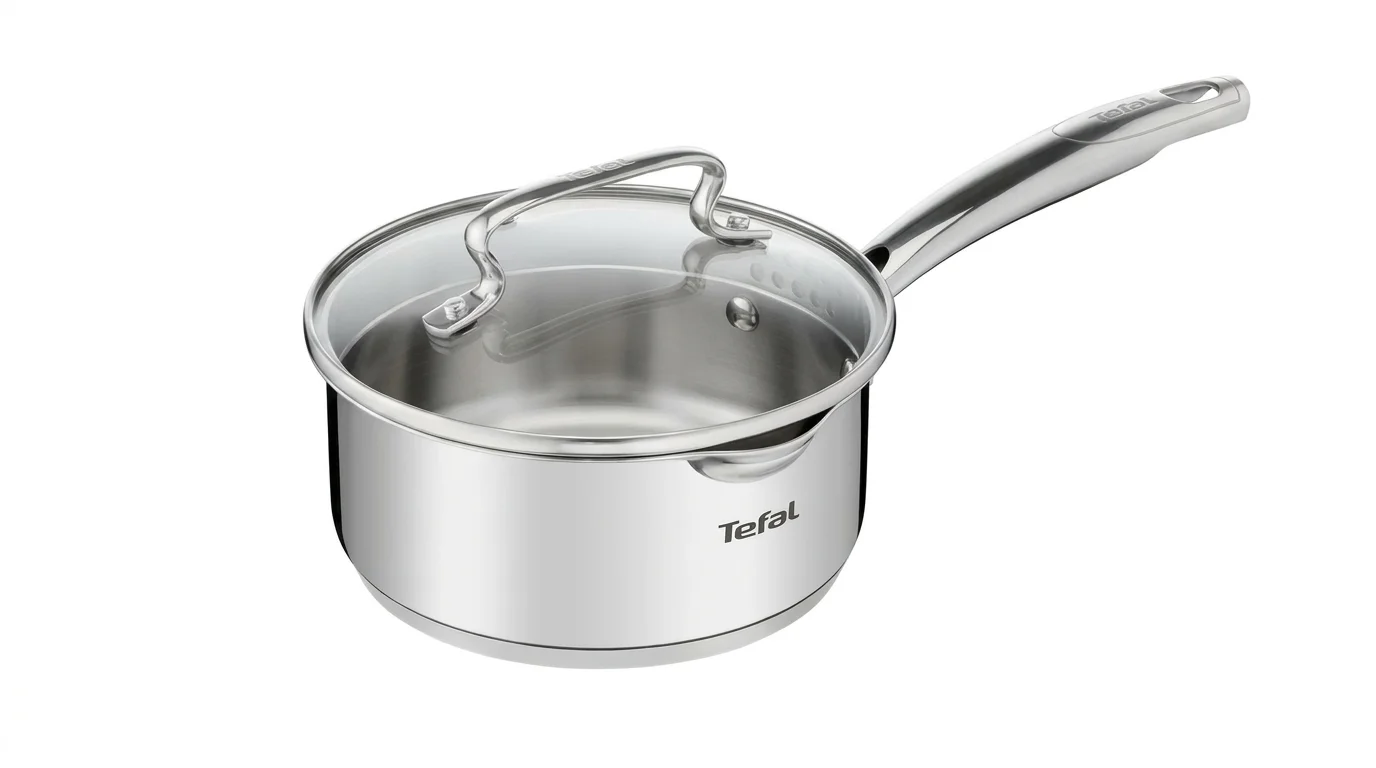 Nerezový rendlík Tefal se skleněnou poklicí, dlouhou nerezovou rukojetí a vylévacím okrajem.