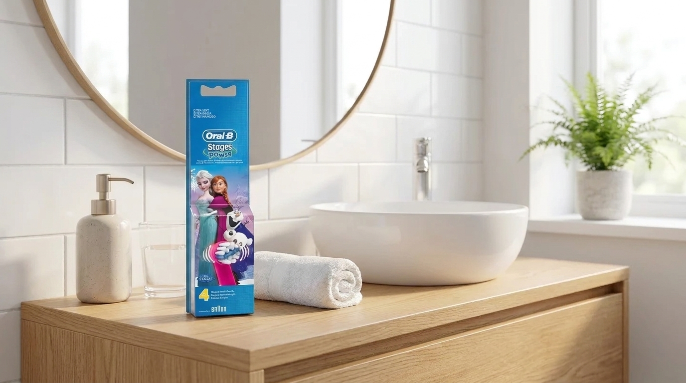 Balenie náhradných hlavíc Oral-B Stages Power s motívom Frozen na drevenej skrinke v kúpeľni vedľa umývadla.