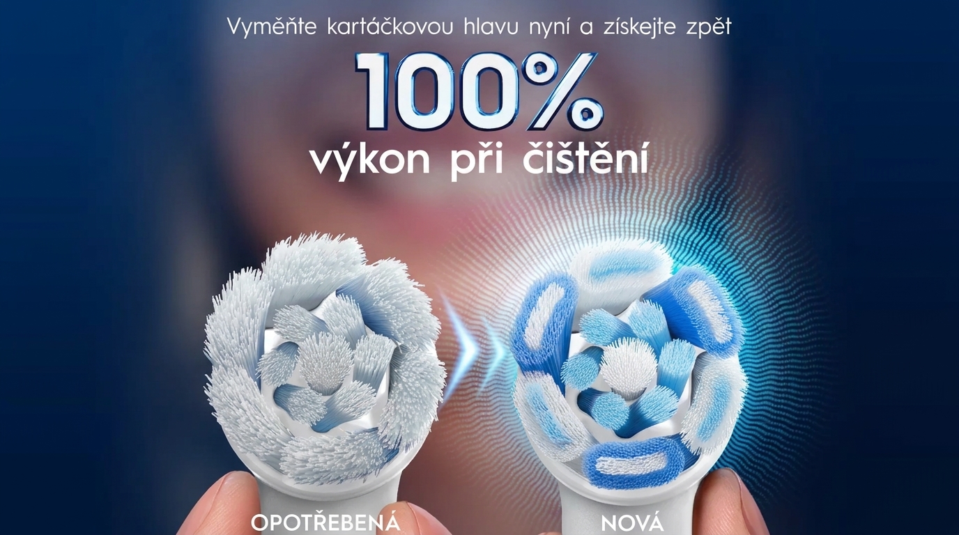 Porovnanie opotrebovanej a novej kefkovej hlavice Oral-B s textom vyzývajúcim na výmenu pre 100% výkon pri čistení.