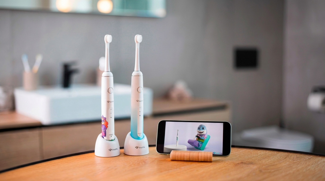Dve detské sonické zubné kefky TrueLife SonicBrush Junior J100 v nabíjacích stojanoch vedľa smartfónu na drevenom stole.