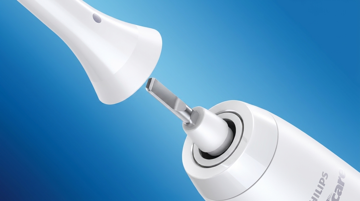 Detailný záber na nasadzovanie bielej náhradnej hlavice na kovový kolík tela zubnej kefky Philips Sonicare na modrom pozadí.