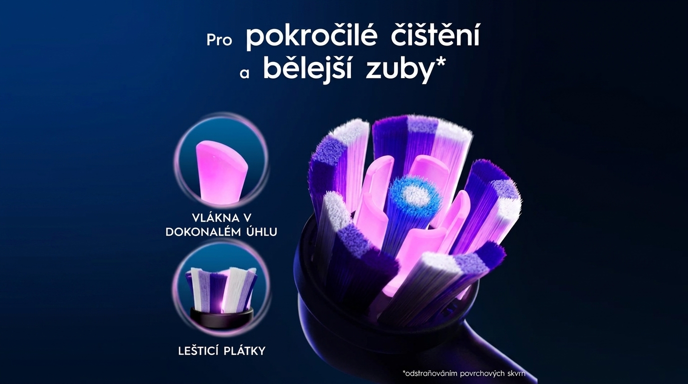 Detailná snímka hlavice Oral-B iO s textom pre pokročilé čistenie a belšie zuby, zvýrazňujúca vlákna v dokonalom uhle a leštiace plátky.