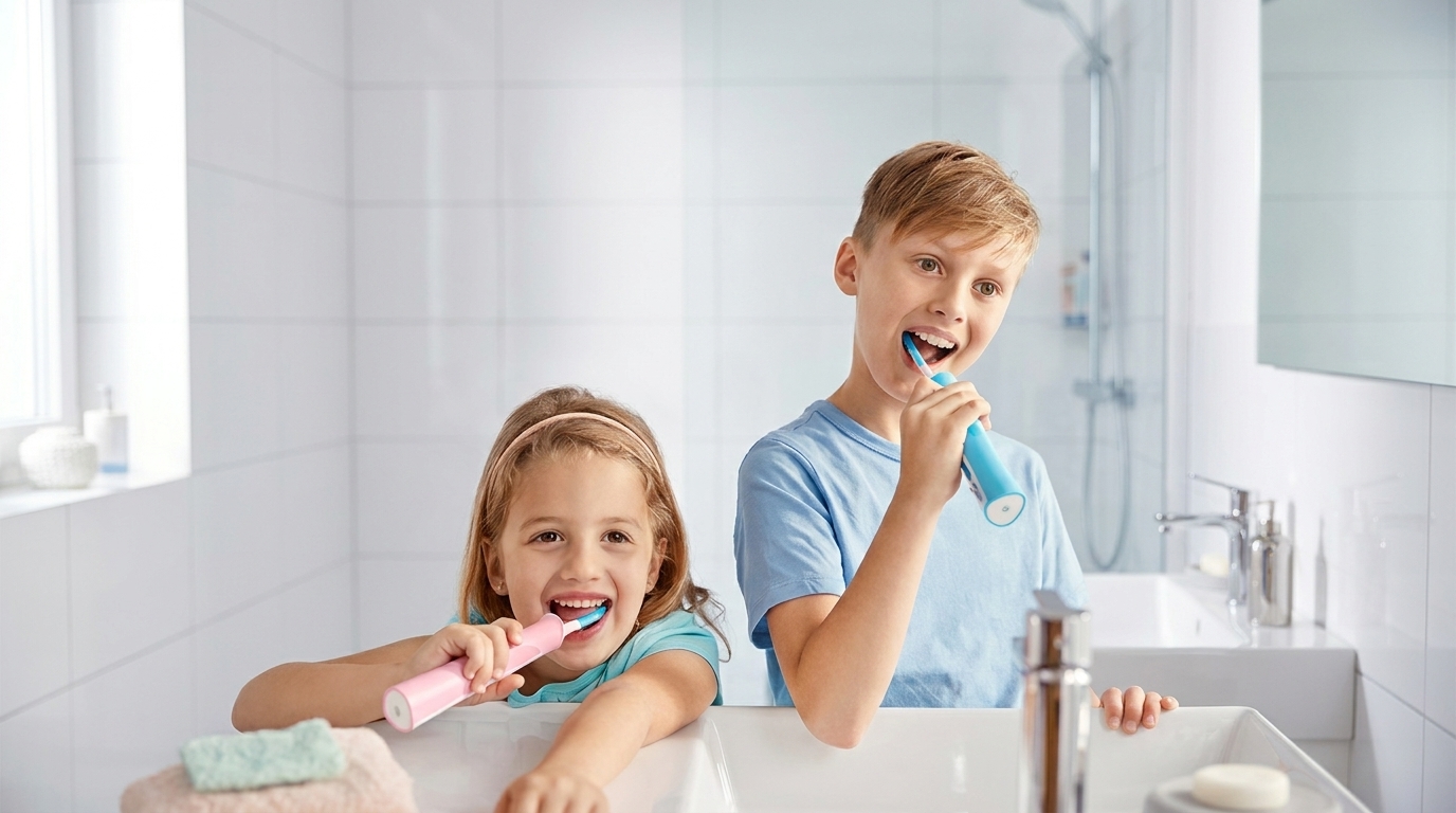 Dvě děti si v koupelně čistí zuby dětskými sonickými kartáčky Philips Sonicare.