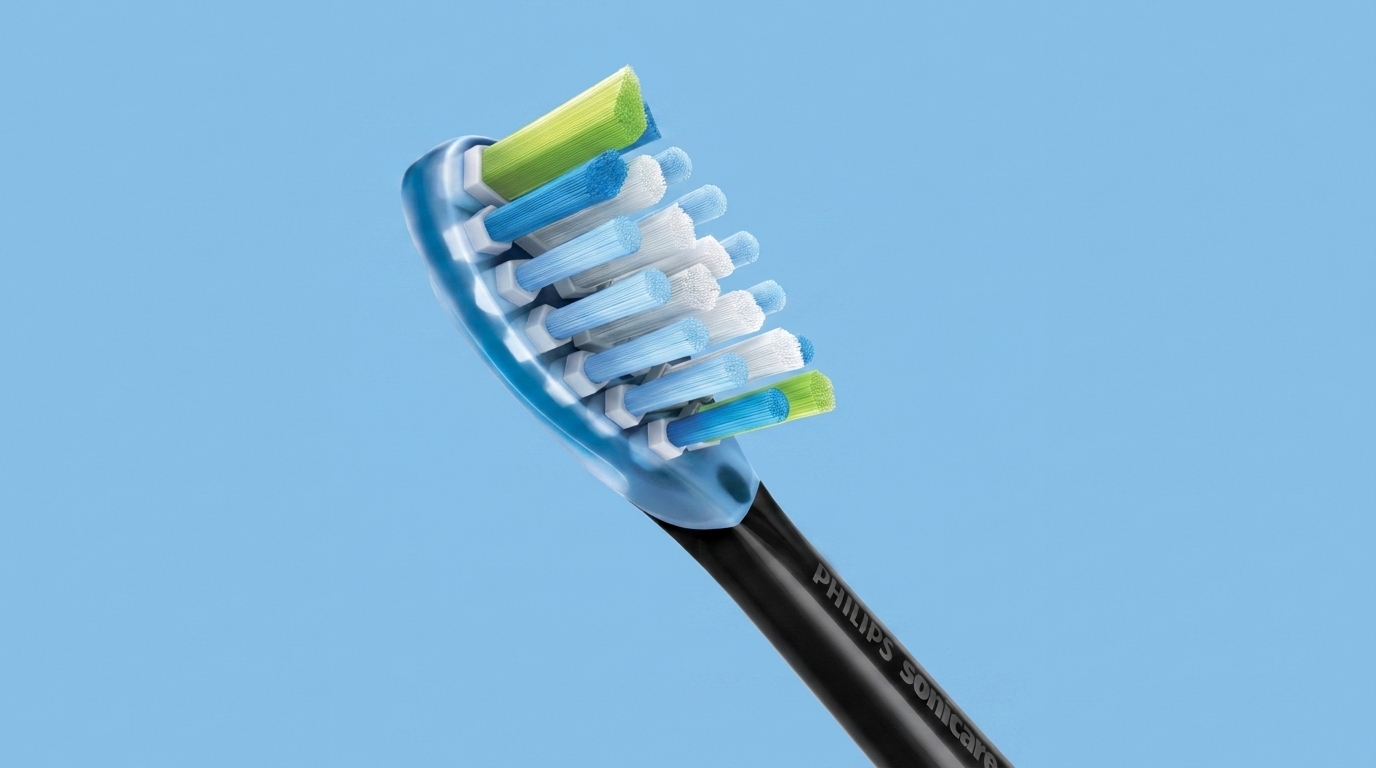Čierna náhradná hlavica Philips Sonicare s modrými, bielymi a zelenými štetinami na svetlomodrom pozadí.