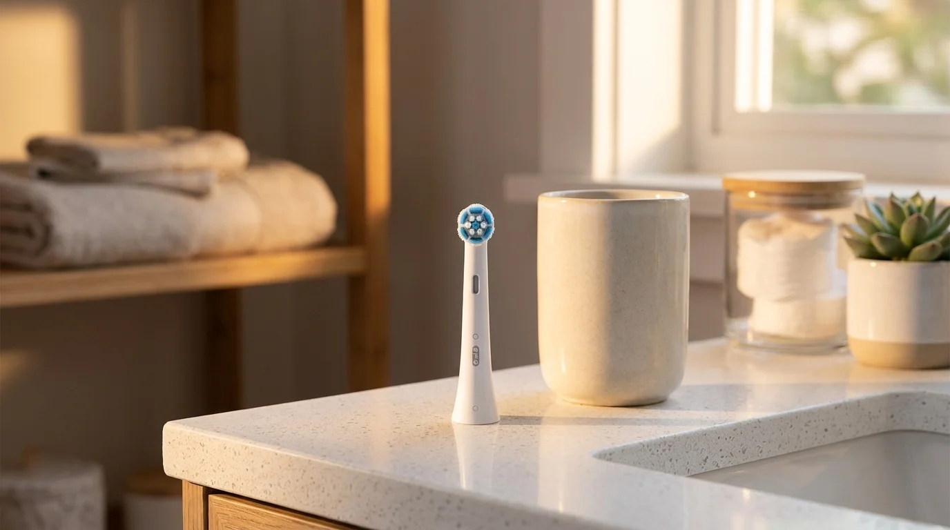 Bílá náhradní hlavice Oral-B iO Gentle Care stojí na světlé koupelnové desce vedle keramického kelímku.