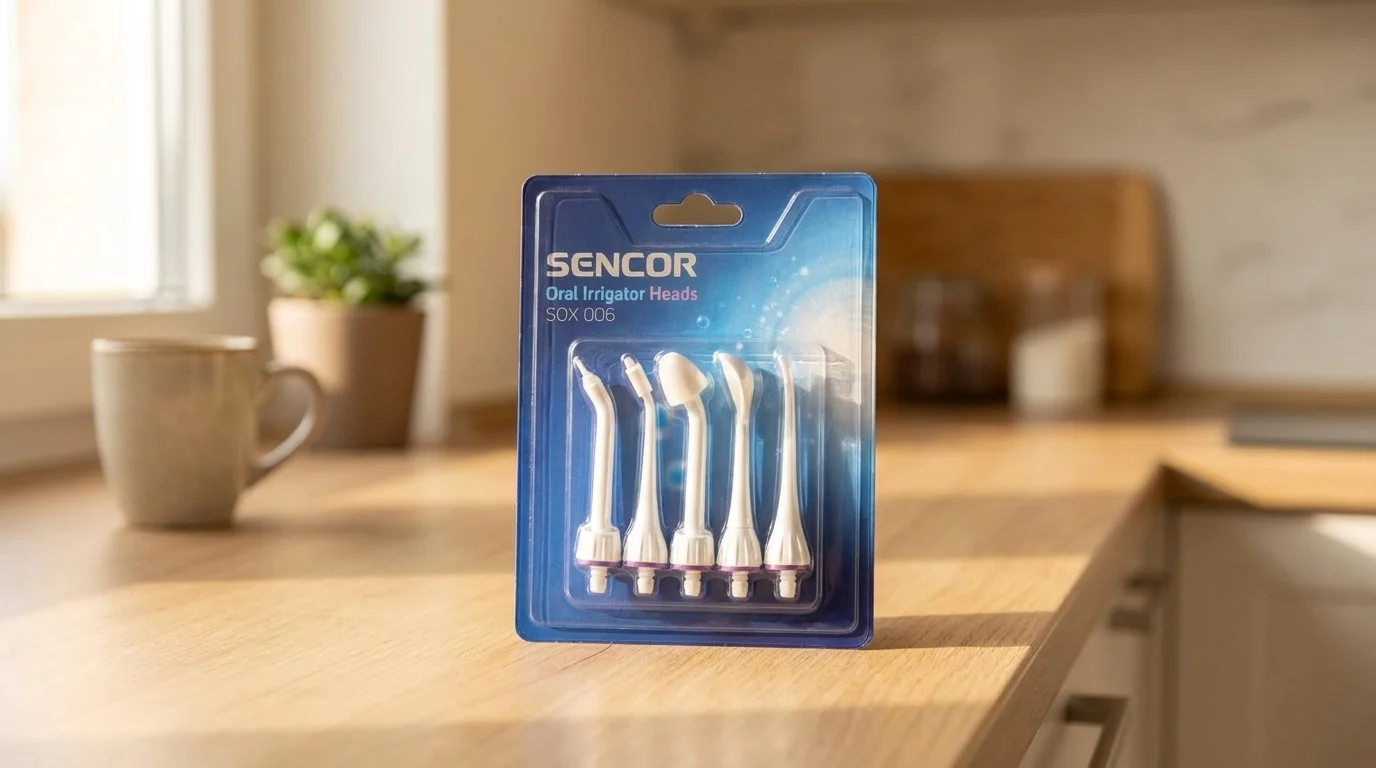 Balení s pěti náhradními hlavicemi Sencor SOX 006 pro ústní sprchy stojí na dřevěné kuchyňské lince.