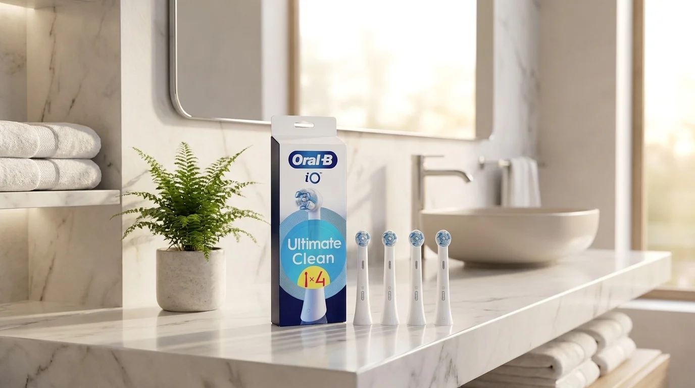 Štyri biele náhradné hlavice Oral-B iO Ultimate Clean vedľa svojej krabičky na mramorovej doske v kúpeľni.