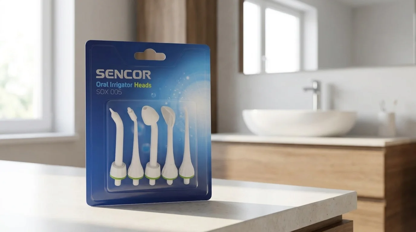 Modré balení náhradních trysek Sencor SOX 005 s pěti různými hlavicemi stojí na bílé ploše v koupelně.